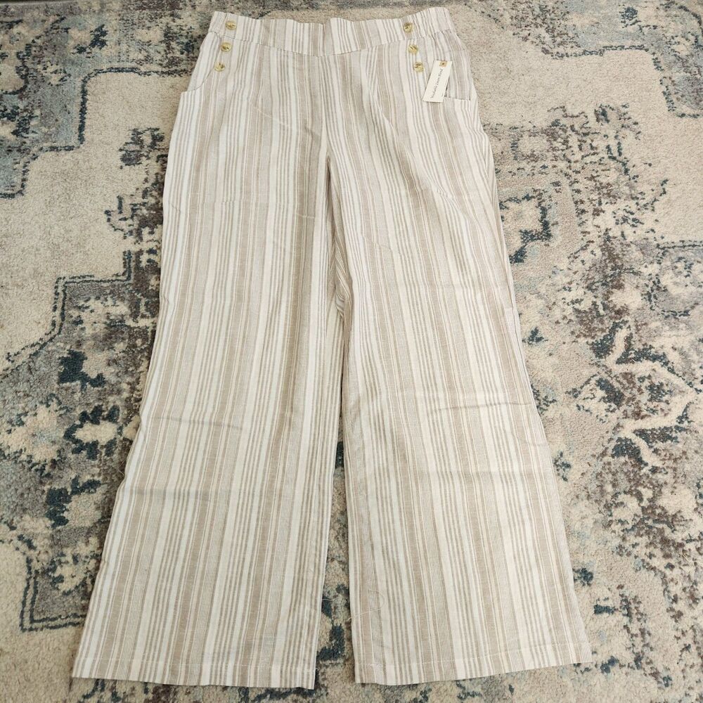 Land 'n Sea Wide Leg Pants Womens L Linen Blend Elastic White Beige Stripes - Picture 1 of 11